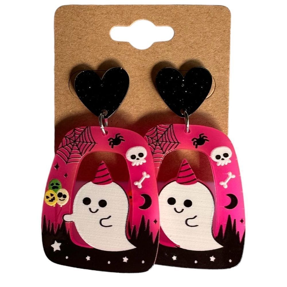 Dangling Black and Pink Heart Ghost Halloween Earrings with Post Back